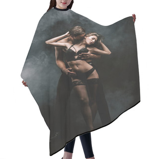 Personality  Passionate Man Hugging And Kissing Attractive Woman On Black With Smoke  Hair Cutting Cape