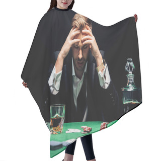 Personality  Selective Focus Of Sad Man Sitting Near Poker Table Isolated On Black  Hair Cutting Cape