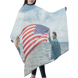 Personality  Blonde Woman And Man In Jacket Holding American Flag  Hair Cutting Cape