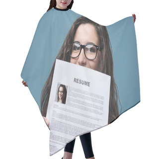 Personality  Young Woman Holding Her Resume Hair Cutting Cape