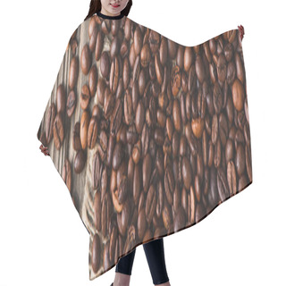 Personality  Top View Of Coffee Beans Scattered On Burlap On Wooden Surface, Panoramic Shot Hair Cutting Cape