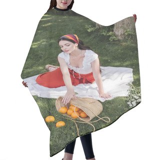 Personality  Young Fashionable Woman Looking At Oranges In Bag Near Flowers In Park  Hair Cutting Cape