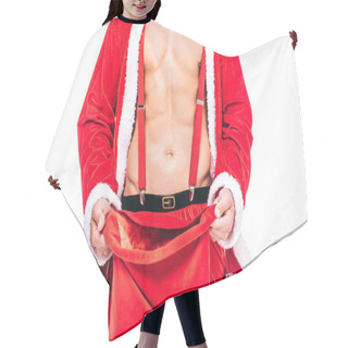 Personality  Cropped Image Of Muscular Man In Santa Claus Costume Holding Christmas Sack Isolated On White Background Hair Cutting Cape