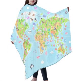 Personality  Vector Illustration Of World Map With Animals For Kids. Flat Design. Hair Cutting Cape