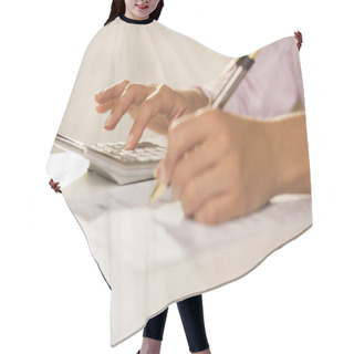 Personality  Woman's Hands With A Calculator And Pen, Accounting. Hair Cutting Cape
