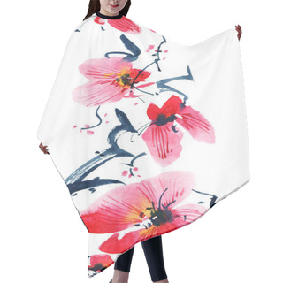 Personality  Watercolor And Ink Illustration Of Blossom Sakura Tree With Flowers And Buds. Oriental Traditional Painting In Style Sumi-e, U-sin And Gohua. Seamless Pattern. Hair Cutting Cape