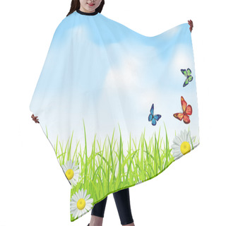 Personality  Vector Green Grass And Blue Sky With Daisies And Butterflies Hair Cutting Cape