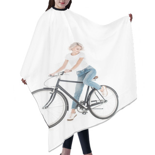 Personality  Beautiful Young Adult Woman Riding Bicycle Isolated On White Hair Cutting Cape