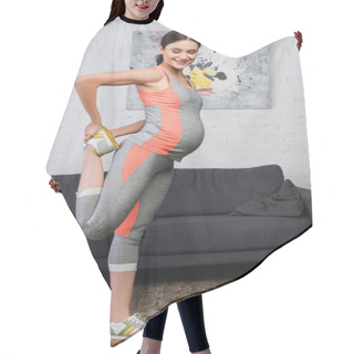 Personality  Brunette And Pregnant Woman In Sportswear Stretching In Living Room  Hair Cutting Cape