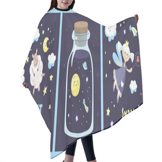 Personality  Set Of Cards With Cute Cartoon Characters And Inscriptions In The Starry Night Sky. Hair Cutting Cape