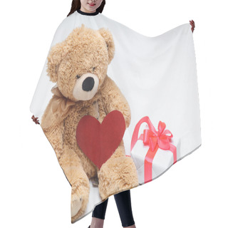 Personality  Teddy Bears Couple With Red Heart. Valentines Day Concept. Hair Cutting Cape