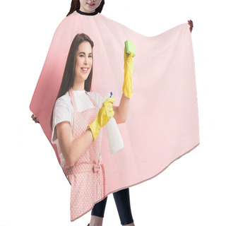 Personality  Cheerful Housewife In Apron And Rubber Gloves Holding Spray Bottle And Sponge On Pink Background Hair Cutting Cape