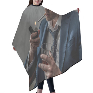Personality  Cropped Shot Of Businessman With Glass Of Whiskey Smoking Cigarette Hair Cutting Cape