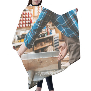 Personality  Cropped View Of Woodworker Holding Plank Near Circular Saw In Carpentry Shop  Hair Cutting Cape