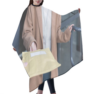 Personality  Cropped View Of Courier Holding Parcel Near Blurred Woman And Building Outdoors  Hair Cutting Cape