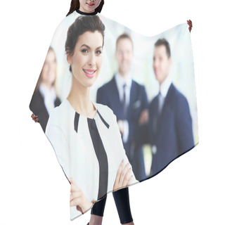 Personality  Face Of Beautiful Woman On The Background Of Business People Hair Cutting Cape