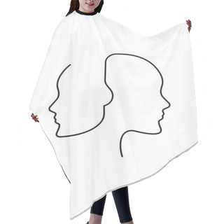 Personality  Poster Drawn In Continuous Line Consisting Of Two Female Profiles. Minimal Graphic Portrait Hair Cutting Cape