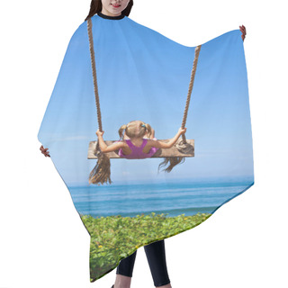 Personality  Happy Girl Have Fun Swinging High In Mid Air. Flying Up Upside Down On Rope Swing On Sea Beach. Travel Adventure On Paradise Tropical Island. Family Lifestyle, Activity On Summer Vacation With Kids Hair Cutting Cape