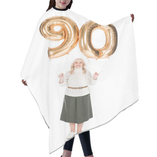 Personality  Cheerful Senior Woman Holding 90 Golden Balloons Isolated On White Hair Cutting Cape
