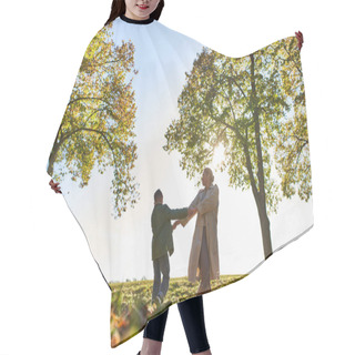 Personality  Silhouette Of Mother And Child Holding Hands In Autumn Park, Fall Season, Having Fun, Freedom, Dance Hair Cutting Cape