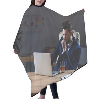 Personality  Pensive Businessman Sitting In Dark Office And Looking At Laptop Hair Cutting Cape