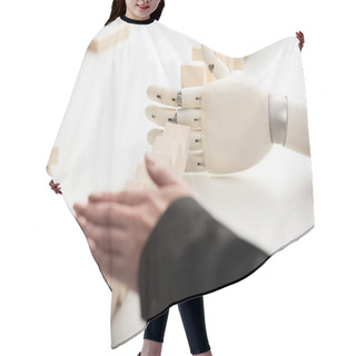 Personality  Cropped View Of Woman Pushing Wooden Bricks While Robotic Hand Preventing Row From Falling Hair Cutting Cape