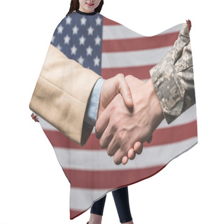 Personality  Selective Focus Men Shaking Hands Near American Flag  Hair Cutting Cape