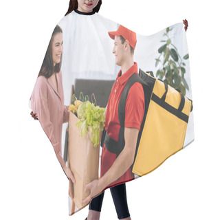 Personality  Side View Of Courier With Thermo Backpack Giving Package With Fresh Vegetables To Smiling Woman At Home Hair Cutting Cape
