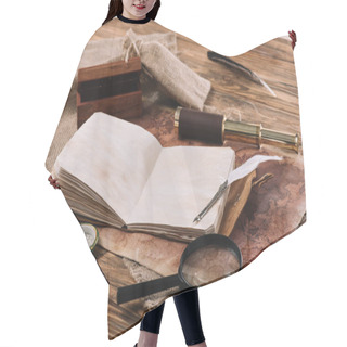 Personality  Open Copy Book With Blank Pages Near Telescope, Compass And Magnifying Glass On Wooden Table With Hessian And World Map Hair Cutting Cape