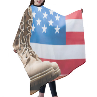 Personality  Army Boots Near American Flag On Blurred Background Hair Cutting Cape