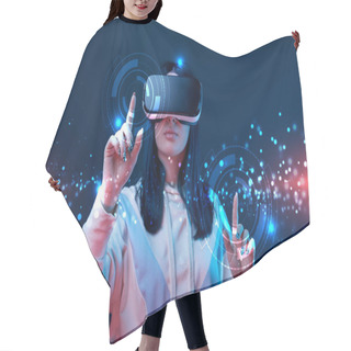 Personality  Woman In Virtual Reality Headset Pointing With Fingers At Glowing Cyber Illustration On Dark Background Hair Cutting Cape
