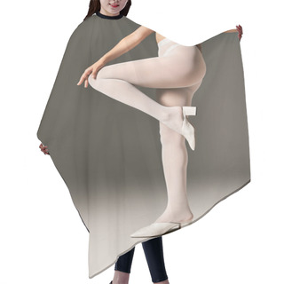 Personality  Cropped Photo Of Slim Young Woman In White Pantyhose And High Heels Posing On Grey Background Hair Cutting Cape