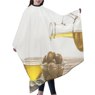 Personality  Pouring Of Into Glass Bowl With Olives, Bowl Full Of Oil, And Olive Tree Branch On Wooden Surface Hair Cutting Cape