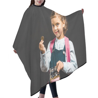 Personality  Schoolgirl With Backpack Holding Glass Jar With Savings For Education Isolated On Black Hair Cutting Cape
