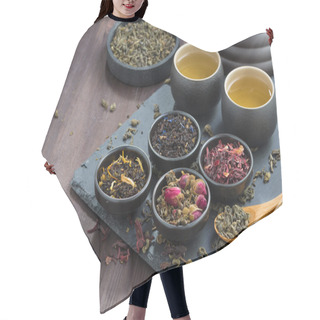 Personality  Assortment Of Fragrant Dried Teas And Green Tea On Wooden Table Hair Cutting Cape