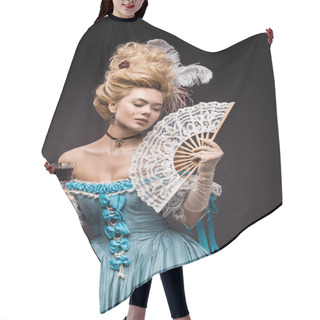 Personality  Attractive Victorian Woman Holding Fan And Wine Glass While Standing On Black  Hair Cutting Cape