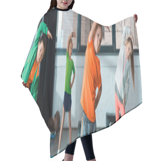 Personality  Selective Focus Of Multicultural Children Warming Up On Fitness Mats In Gym, Panoramic Shot Hair Cutting Cape