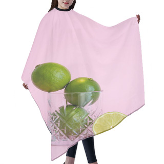 Personality  Green Fresh Citrus Fruit In Faceted Glass Near Half Of Lime On Pink  Hair Cutting Cape