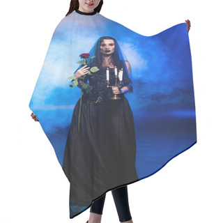 Personality  Bride In Black Dress And Veil Holding  Rose And Burning Candles On Blue With Smoke, Halloween Concept Hair Cutting Cape