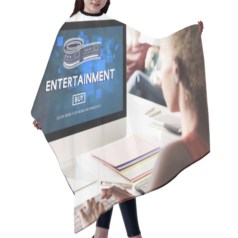 Personality  Businesswoman Working On Computer With Entertainment Hair Cutting Cape