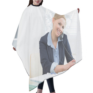 Personality  Portrait Of Business Woman Using Phone And Computer At Desk Hair Cutting Cape