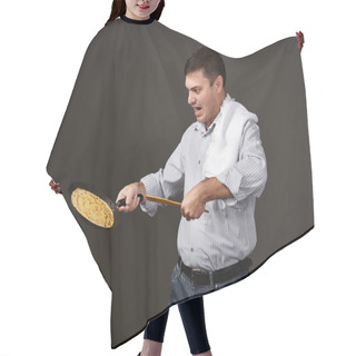 Personality  Man Posing With A Pancake In A Pan, White Shirt And Pants, Gray Background, Surprised Emotions Hair Cutting Cape