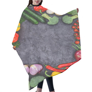 Personality  Top View Of Fresh Raw Healthy Organic Vegetables On Black Hair Cutting Cape
