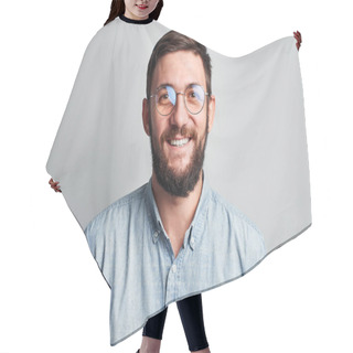 Personality  Friendly Face Portrait Of An Authentic Caucasian Bearded Man With Glasses Of Toothy Smiling Dressed Casual Against A White Wall Isolated Hair Cutting Cape