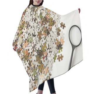 Personality  Top View Of Magnifying Glass And Jigsaw Puzzle Pieces On Grey  Hair Cutting Cape