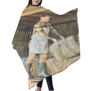 Personality  Attractive Dedicated Man With Beard And Tattoos Working With Bales Of Hay While On His Farm Hair Cutting Cape