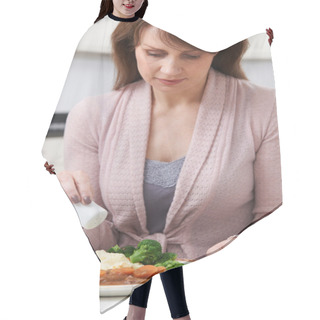 Personality  Woman At Home Adding Salt To Meal Hair Cutting Cape