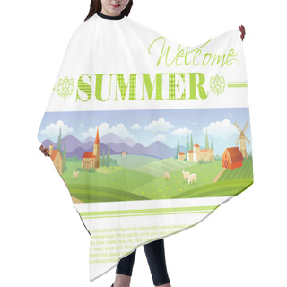 Personality  Idyllic Farming Landscape Flayer Design With Text Logo Welcome Summer And Fields Background In Green. Villa Houses, Chirch, Barn, Mill, Ships And Country Roads. Four Seasons Year Calendar Collection. Hair Cutting Cape