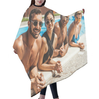Personality  Multiethnic Friends In Swimsuits And Sunglasses Resting In Swimming Pool Hair Cutting Cape