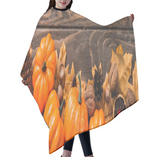 Personality  Top View Of Autumnal Decoration And Pumpkins On Brown Wooden Background, Panoramic Shot Hair Cutting Cape